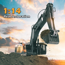 Load image into Gallery viewer, Titokgo Toy vehicles 1/14 Scale RC Excavator, 22 Channel Upgrade Full Functional Construction Vehicles Rechargeable RC Truck with Metal Shovel and Lights Sounds