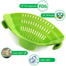 Load image into Gallery viewer, Seasonlife clip on pasta strainers for pot pans bowls, silicone heat resistant kitchen strainers for household purposes, green
