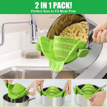 Load image into Gallery viewer, Seasonlife clip on pasta strainers for pot pans bowls, silicone heat resistant kitchen strainers for household purposes, green
