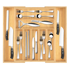 Load image into Gallery viewer, Geniusidea Kitchen Drawer Organizer Bamboo 9 Slots Adjustable Cutlery Tray Expandable Silverware Organizer Utensil Holder with Grooved Drawer Dividers Silicone Mats for Kitchen Living Room Flatware
