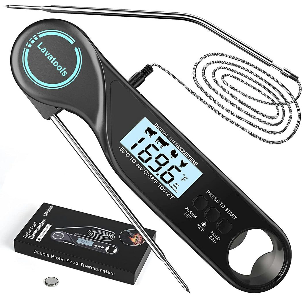 Lavatools Thermometers 2-in-1 Instant Read Meat Thermometer for Grill Oven & Cooking Waterproof Ultra Fast Thermometer with Backlight & Calibration Digital Food Probe for Kitchen, Outdoor Grilling