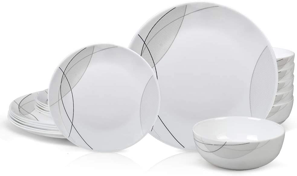 HomeElves 18-Piece Kitchen Dinnerware Set,Saucers,Plates,Bowls,Break and Chip Resistant,Dish Sets Service for 6,Simple Lines