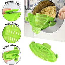 Load image into Gallery viewer, Seasonlife clip on pasta strainers for pot pans bowls, silicone heat resistant kitchen strainers for household purposes, green

